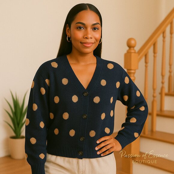 Navy Polka Dot Button-Up Cardigan | Cute Retro Knit | Everyday Boutique Layer - Picture 1 of 6